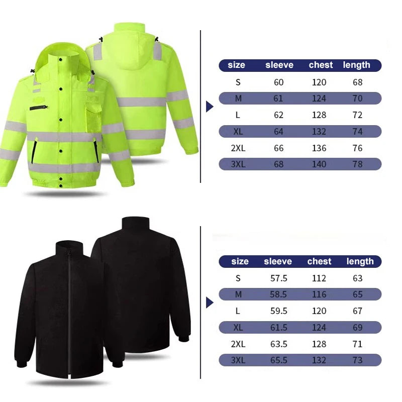 Men Workwear High Visibility Work Jacket Coat Reflective Safety Hooded Coat Wrok Clothing Warm Winter Jackets with Fleece Linner