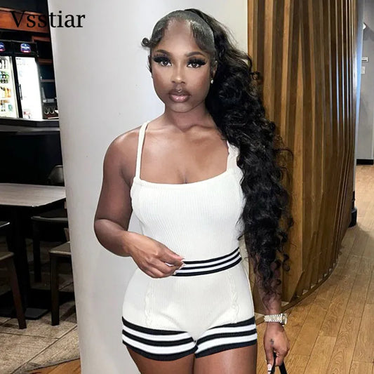 Vsstiar Sexy Sleeveless Patchwork Women Playsuit Fashion Striped Bodycon Overalls One Piece Casual Knitted Rompers Fitness