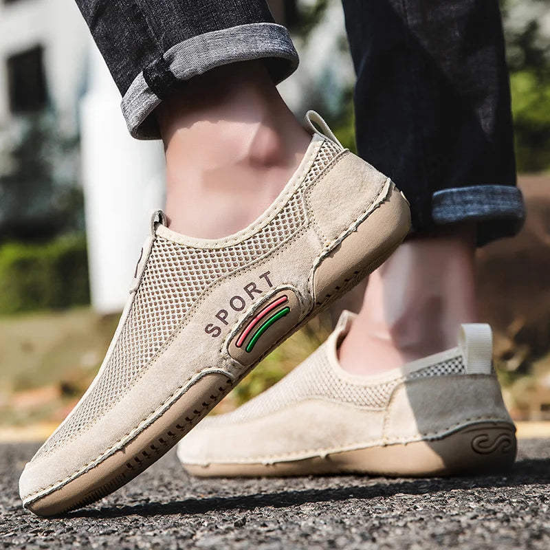 Leather Men Sneaker Shoes Slip On Mesh Breathable Loafers Shoes Outdoor Walking Casual Shoes Male Leisure Flats Moccasins Shoes