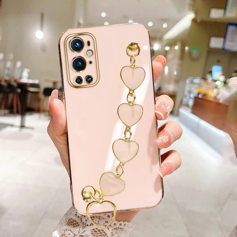 Fashion Plating Love Heart Bracelet Pearl Chain Phone Case For OnePlus 8 8Pro 8T 9 9Pro OnePlus Nord 2 5G Not Phone1 Back Cover