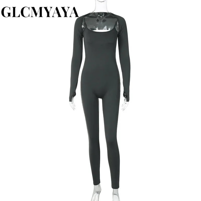 GLCMYAYA Women Streetwear Slim High Strecth Romper 2023 Casual Sporty Basics Solid Shawl Long Sleeve Jumpsuits 2 Piece Set