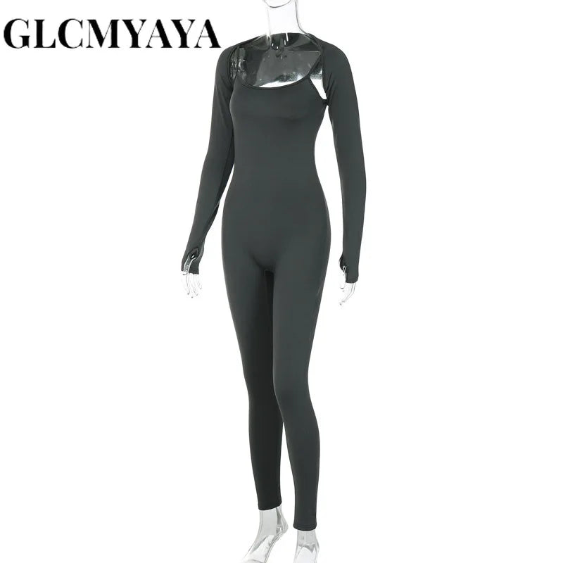 GLCMYAYA Women Streetwear Slim High Strecth Romper 2023 Casual Sporty Basics Solid Shawl Long Sleeve Jumpsuits 2 Piece Set