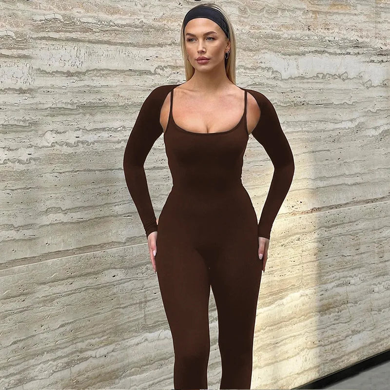 GLCMYAYA Women Streetwear Slim High Strecth Romper 2023 Casual Sporty Basics Solid Shawl Long Sleeve Jumpsuits 2 Piece Set