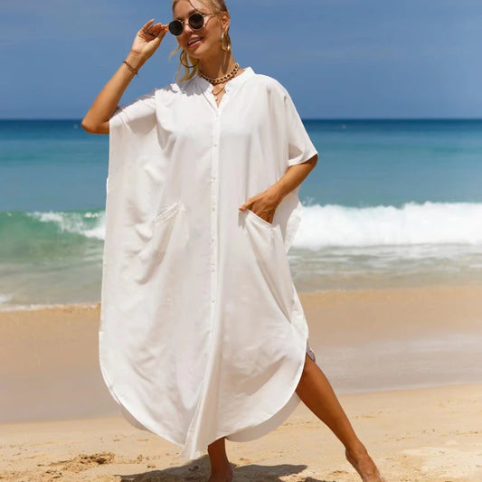 Primavera Verão Blusas Camisa Vestido T-Shirt Branco Preto Vestido Long Beach Mulheres Algodão Kaftan Solto Robe Vestido Praia Cover-ups