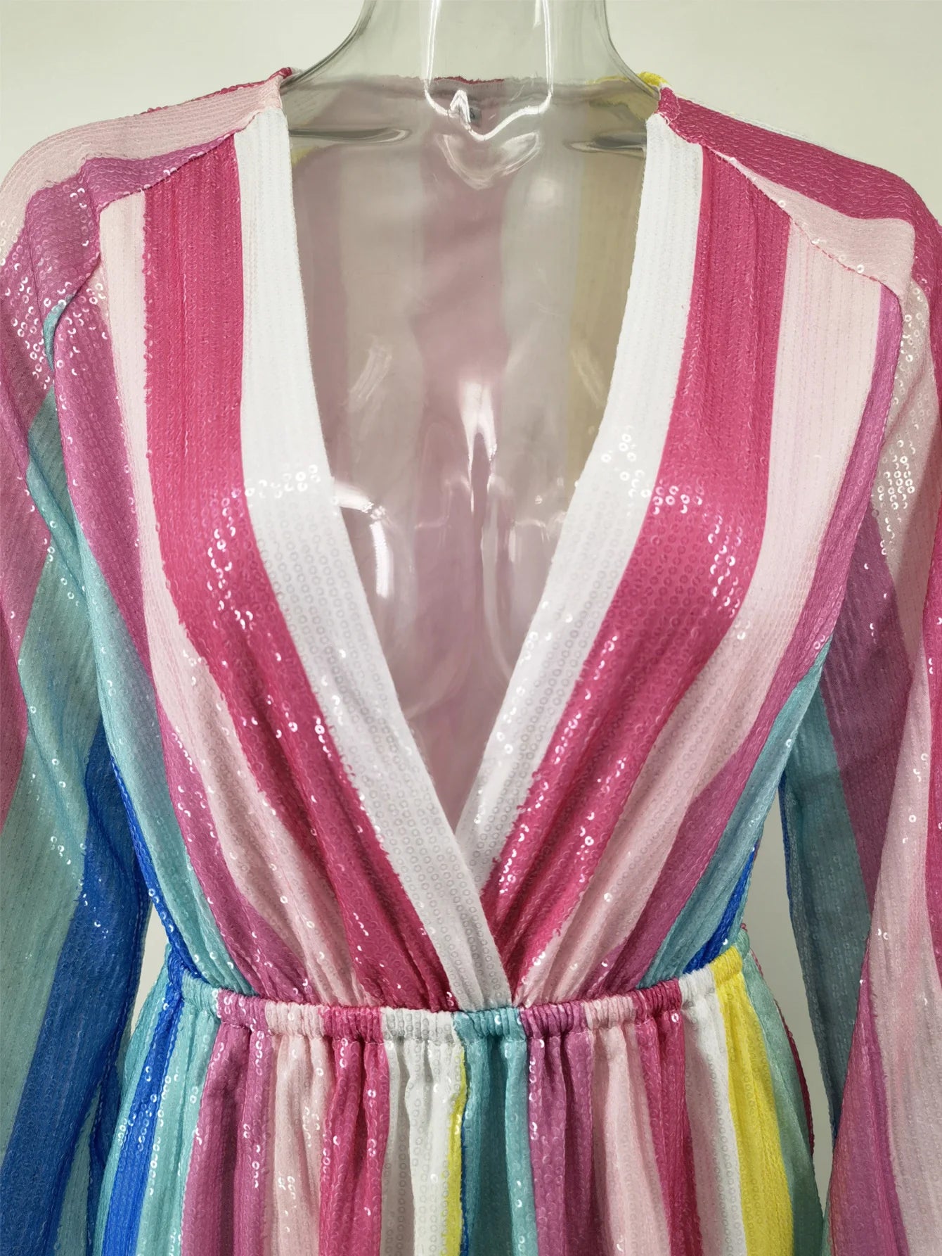 Sexy Elastic Waist Women Jumpsuit Deep V Neck Striped Sequin Wide Leg Jumpsuit Romper Loose Playsuit Clubwear