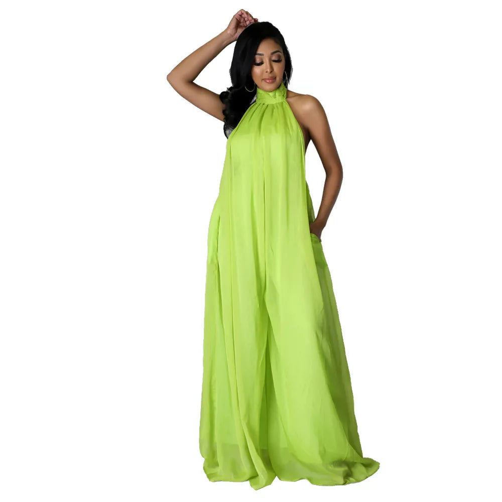 Elegant Holiday Chiffon Jumpsuits Halter Sleeveless High Waist Women Wide Leg Playsuit Open Back Pleated Rompers