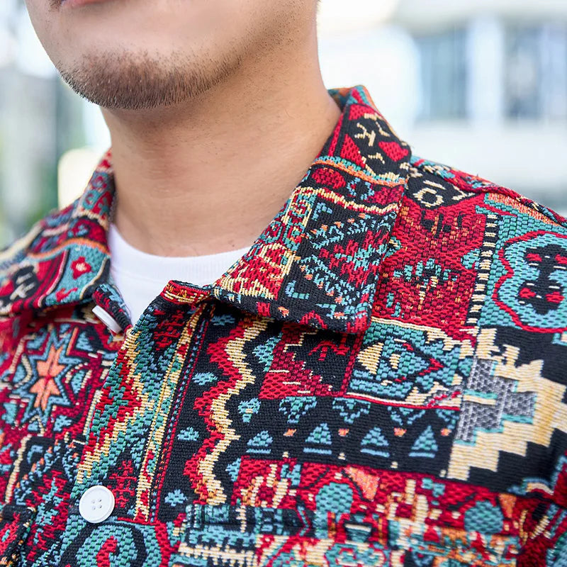 2023 new plus plus size national fashion fat shirt fat man loose long sleeve coat