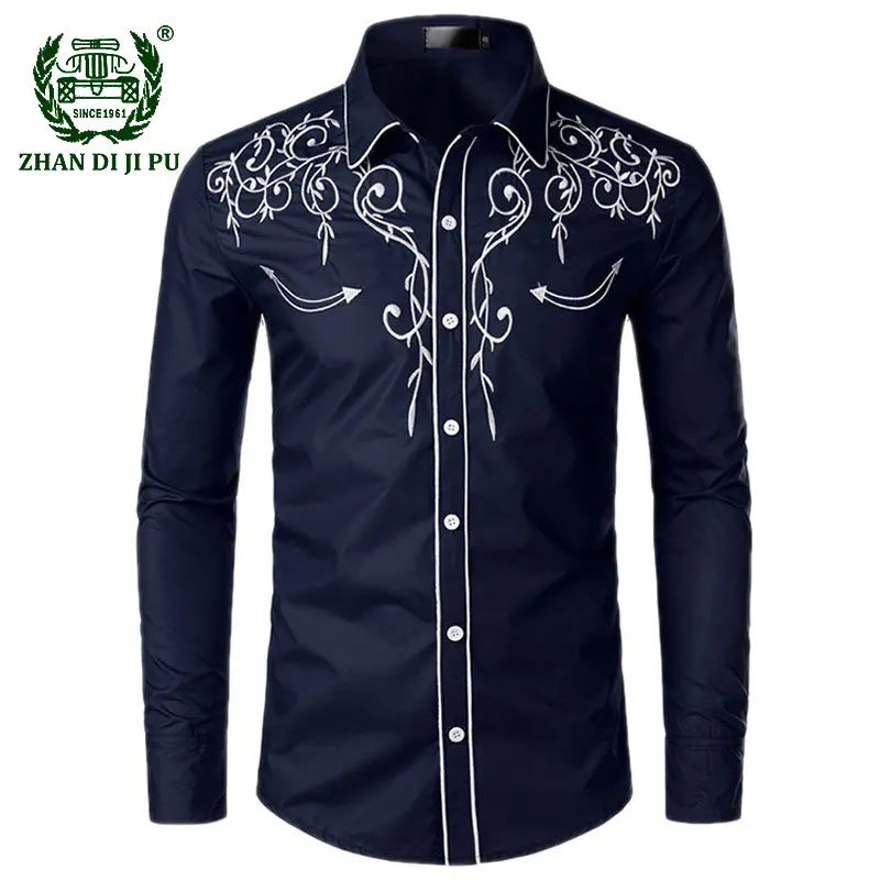 Ocidental cowboy bordado camisas dos homens casual manga longa fino ajuste camisa masculina festa de casamento social clube masculino formatura chemise homme