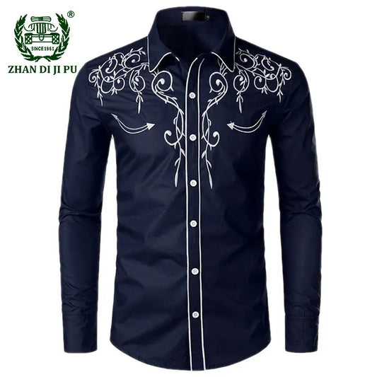 Ocidental cowboy bordado camisas dos homens casual manga longa fino ajuste camisa masculina festa de casamento social clube masculino formatura chemise homme