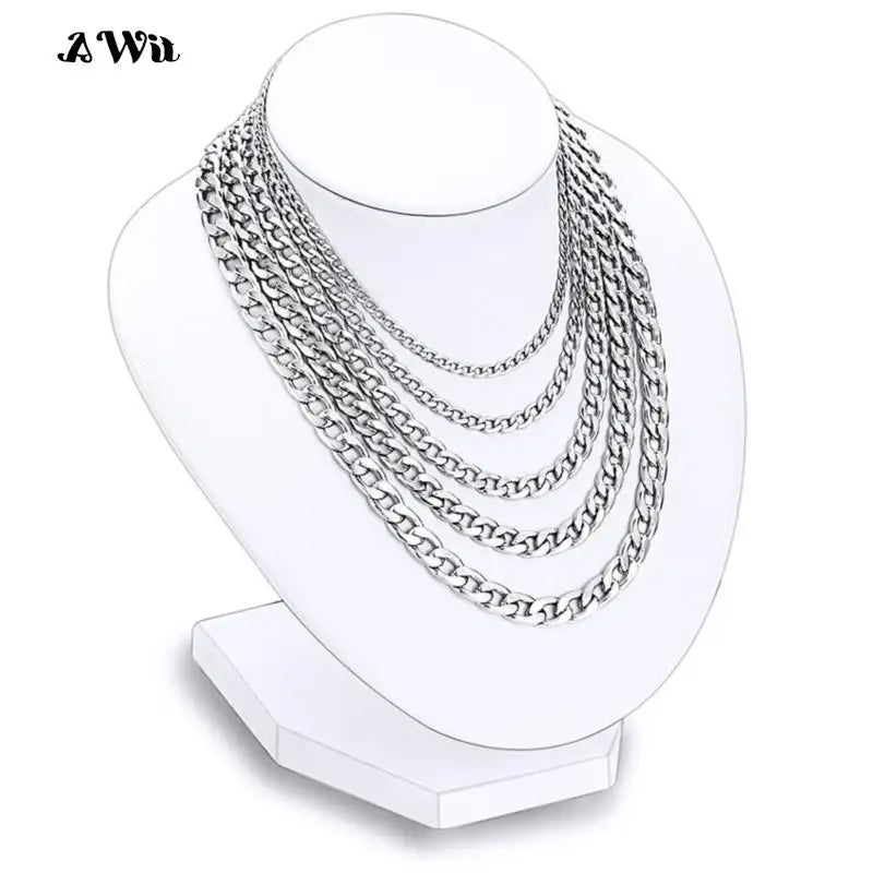 AWit Long Stainless Steel Chain Necklace Hip Hop for Women Men on The Neck Fashion Jewelry Accessories Choker Valentine's Day
