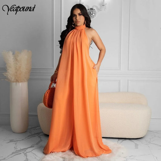 Elegant Holiday Chiffon Jumpsuits Halter Sleeveless High Waist Women Wide Leg Playsuit Open Back Pleated Rompers