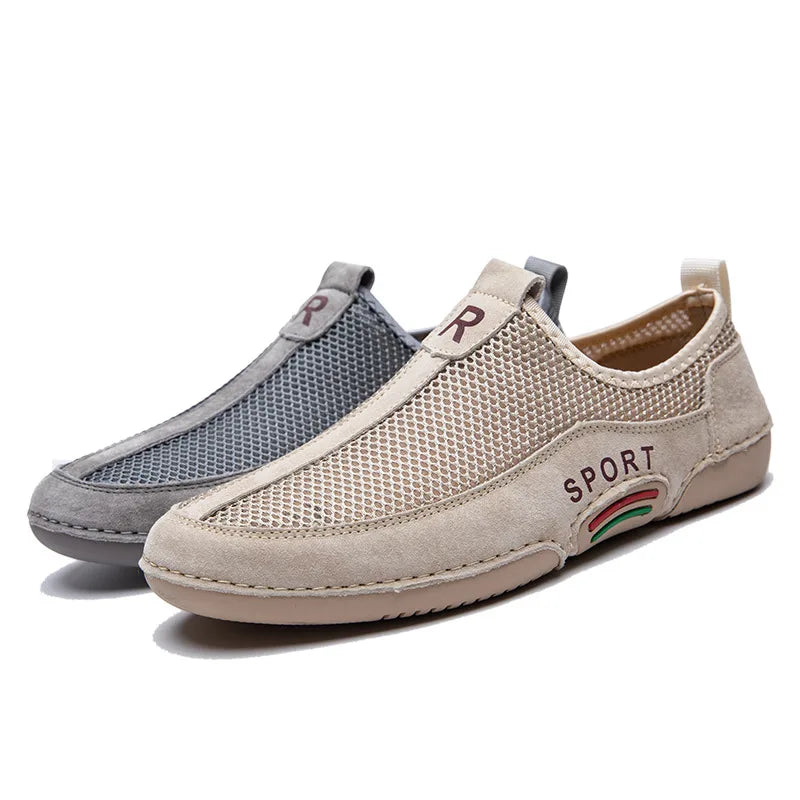 Leather Men Sneaker Shoes Slip On Mesh Breathable Loafers Shoes Outdoor Walking Casual Shoes Male Leisure Flats Moccasins Shoes