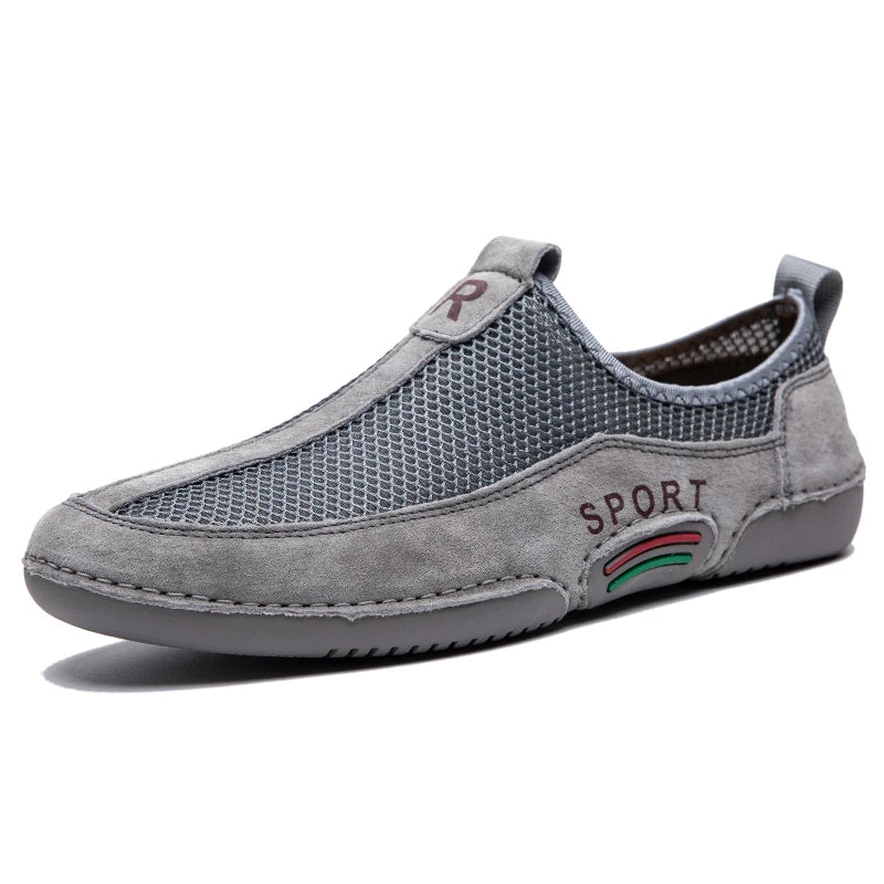 Leather Men Sneaker Shoes Slip On Mesh Breathable Loafers Shoes Outdoor Walking Casual Shoes Male Leisure Flats Moccasins Shoes