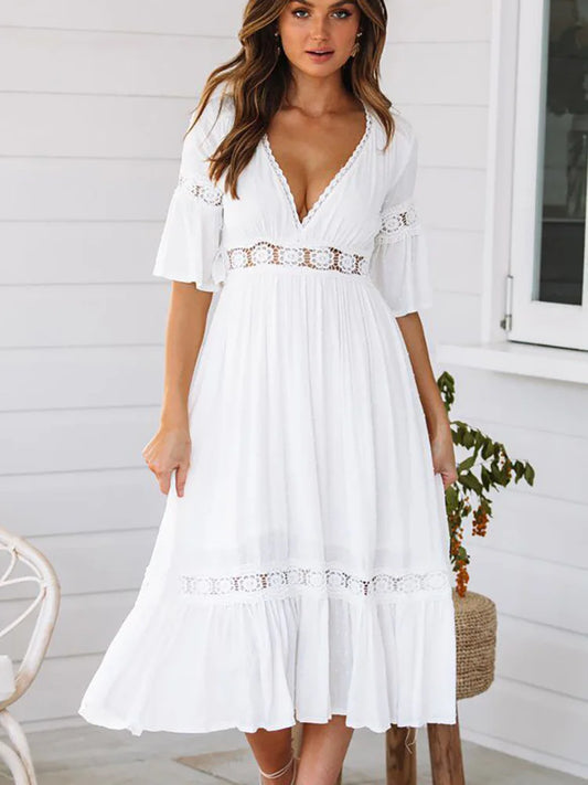 White Dress for Women Spring Summer Short Sleeve Hollow Out V-neck Casual Long Dress Bohemian Beach Style Dresses Female Vestido