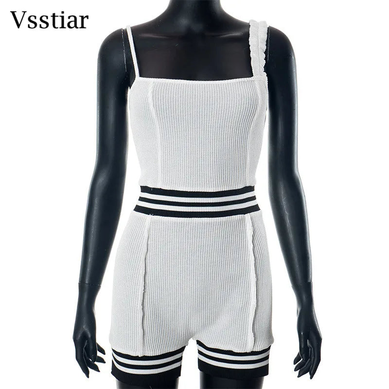 Vsstiar Sexy Sleeveless Patchwork Women Playsuit Fashion Striped Bodycon Overalls One Piece Casual Knitted Rompers Fitness