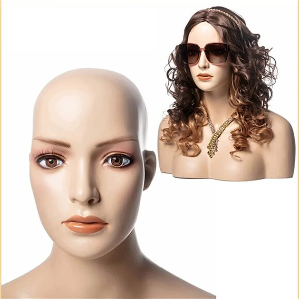 Female Realistic Head Mannequin with Shoulder, No Wig Display Model, Dark Brown and Beige Colors,for Hat Glasses, E185, 20Style
