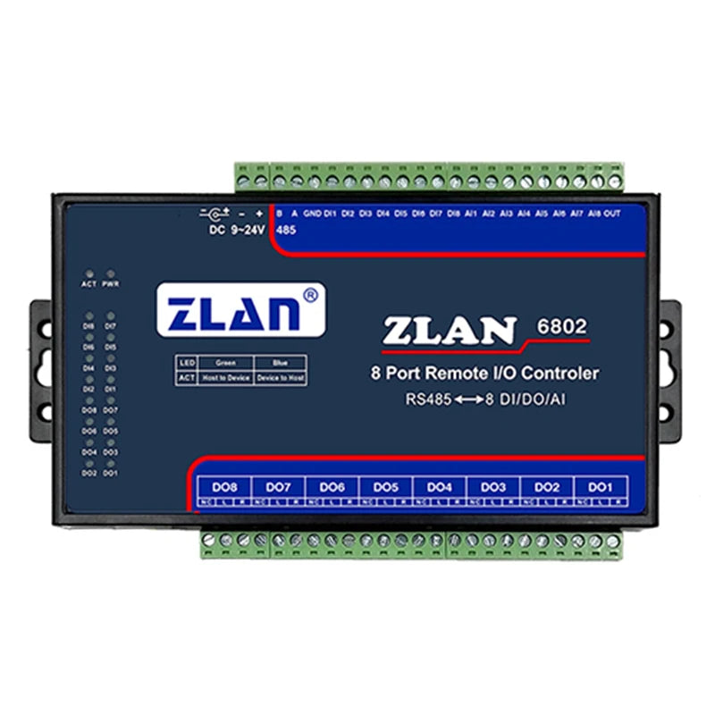 Módulo Ethernet Modbus E/S, Coletor de dados RTU, Controlador de E/S remoto de 8 canais, DI AI DO, RS485, ZLAN6802