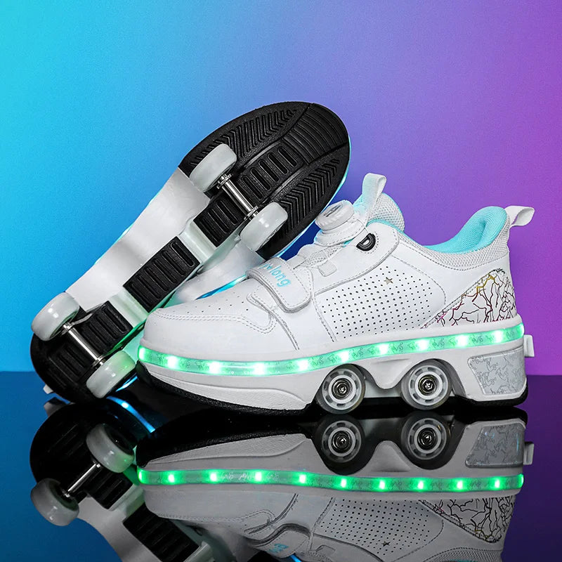 LED Flash Double-Row Four-Wheel Roller Skating Shoes Dual-Use Roller Shoes Men Women Casual Sneakers Sport Walking Running Shoes