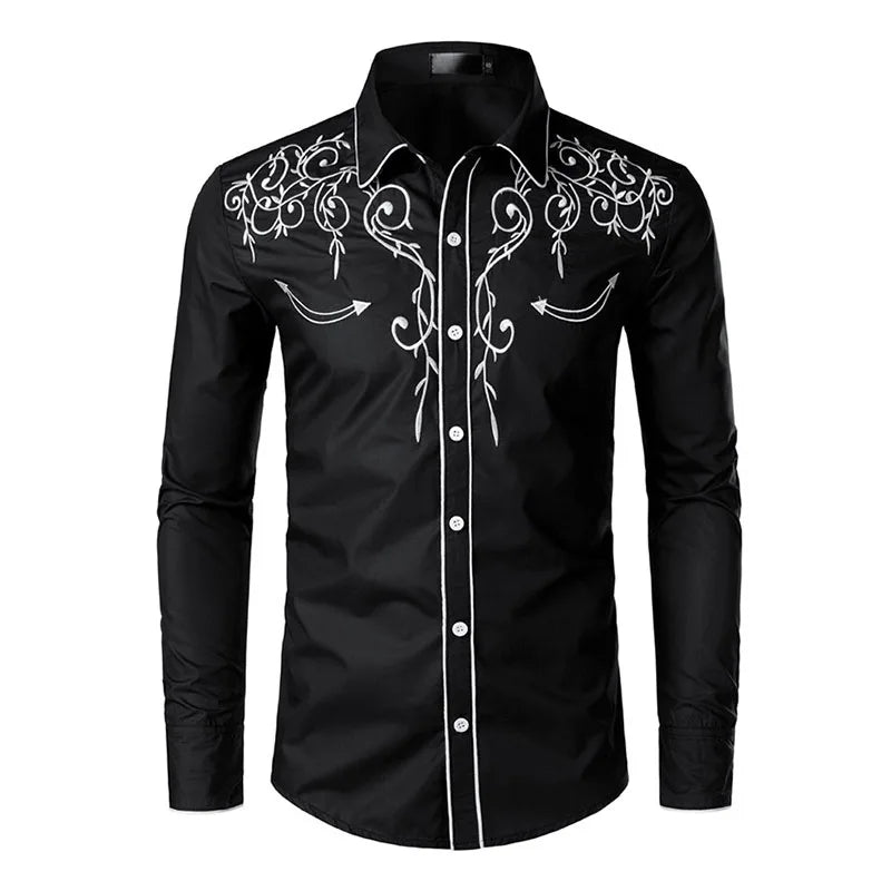 Ocidental cowboy bordado camisas dos homens casual manga longa fino ajuste camisa masculina festa de casamento social clube masculino formatura chemise homme