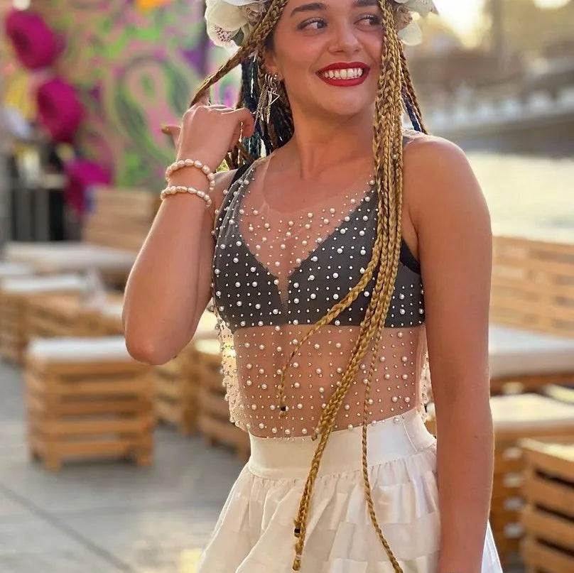 Sexy 3D Diamonds Mesh Cropped Tank Tops Women Summer Cover Up Beachwear See Through Rhinestone Net Party Club Tank Top Clothing