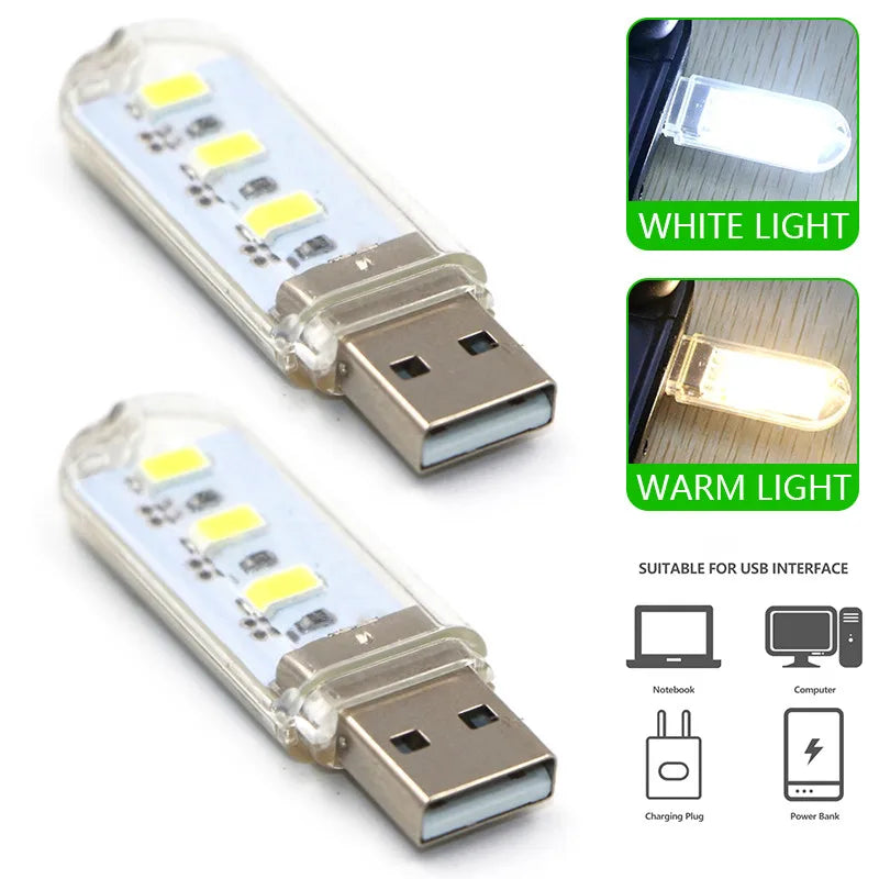 1pcs 3 LED USB 5V LED Light Portable Ultra Bright Mini Computer LED Lamp Book Lamp USB Power Charger Reading Light Warm White