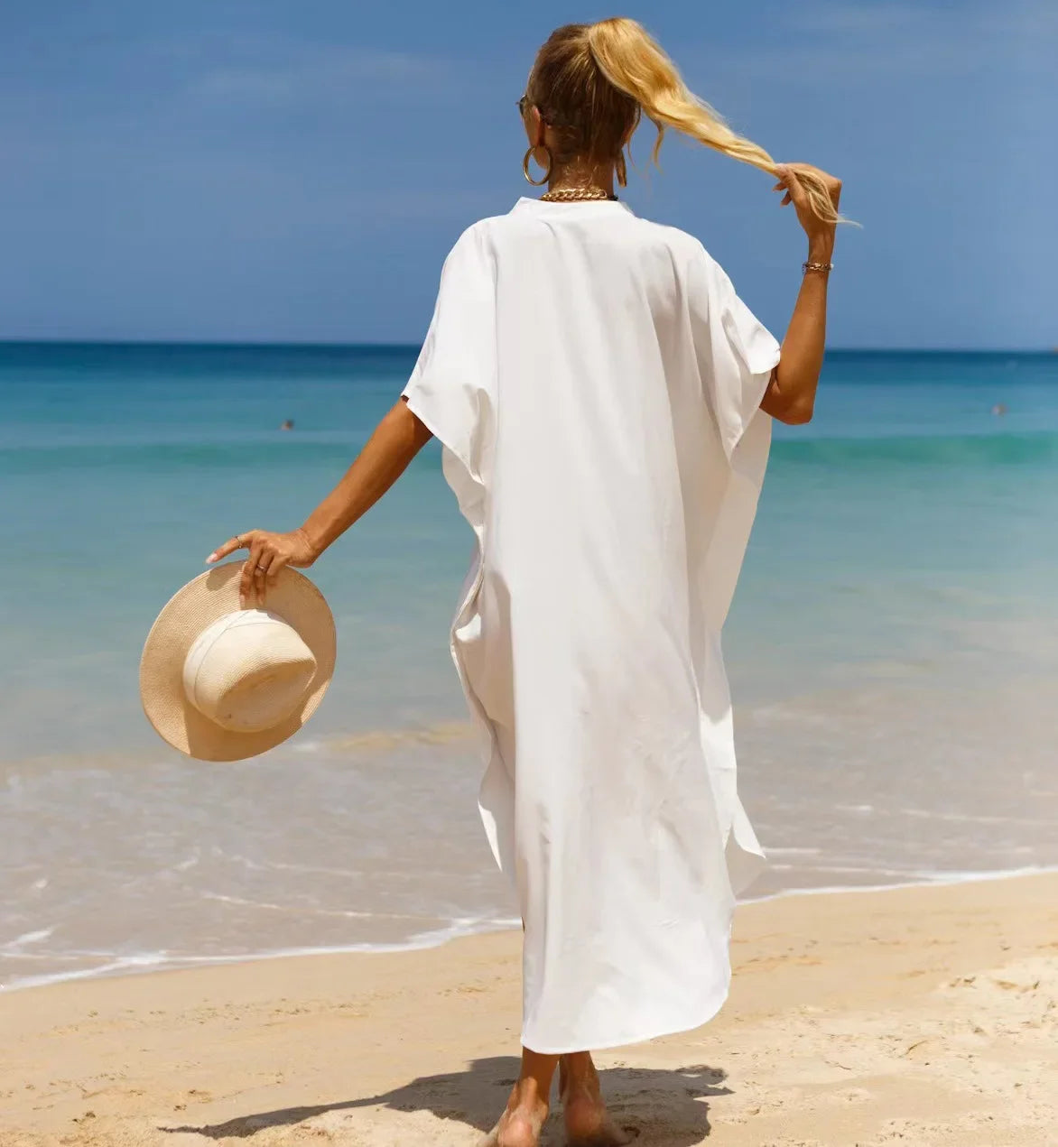 Primavera Verão Blusas Camisa Vestido T-Shirt Branco Preto Vestido Long Beach Mulheres Algodão Kaftan Solto Robe Vestido Praia Cover-ups