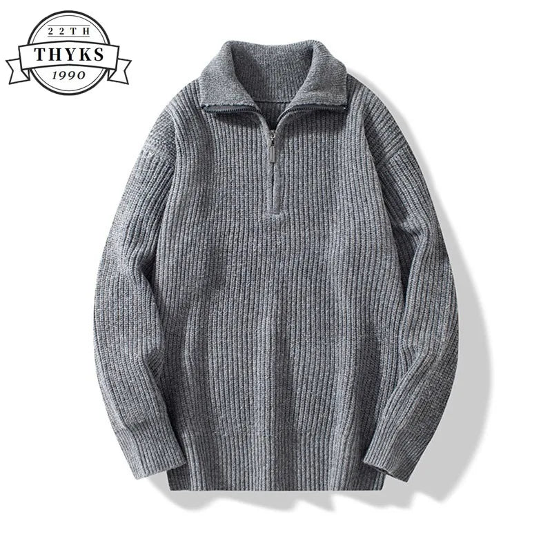 Lapel Knit Pullover Sweater Mens Casual Warm Loose Zipper Long Sleeve Sweaters Fashion Male Jumper Clothes Knitwear Pull Homme