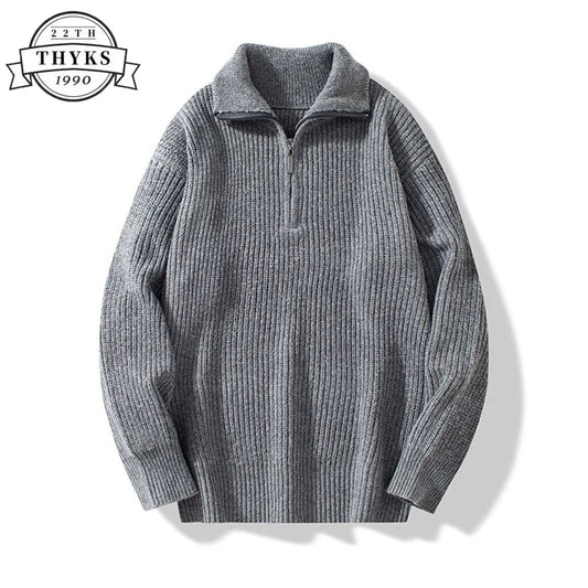 Lapel Knit Pullover Sweater Mens Casual Warm Loose Zipper Long Sleeve Sweaters Fashion Male Jumper Clothes Knitwear Pull Homme