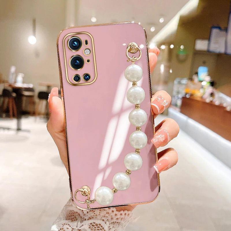 Fashion Plating Love Heart Bracelet Pearl Chain Phone Case For OnePlus 8 8Pro 8T 9 9Pro OnePlus Nord 2 5G Not Phone1 Back Cover