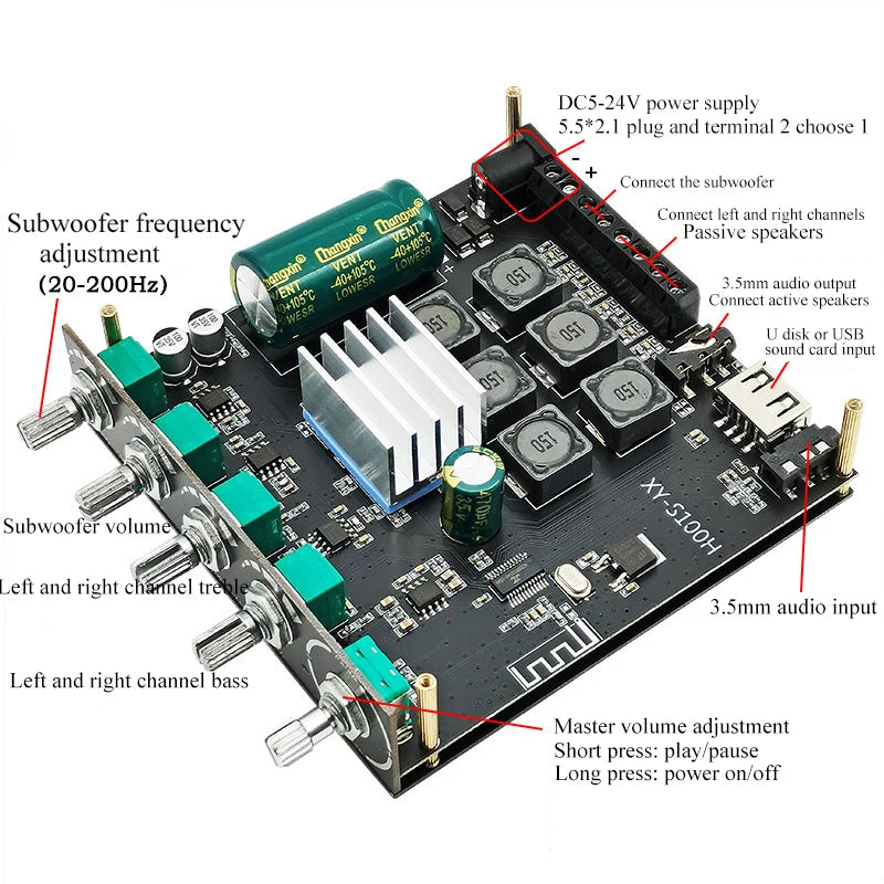 TPA3116D2 Digital Power Amplifier Board 2.1 Channel, U Disk Hi-Fi Audio Bluetooth 5.0 2*50W+100W Super Bass Audio Module