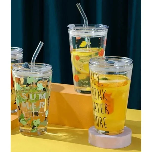 450ml Printed Glass Tumbler With Straw