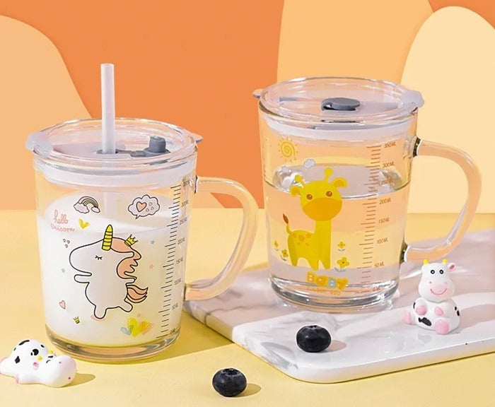 Cartoon Printed Glass Sipper Mug With Silicone Straw
