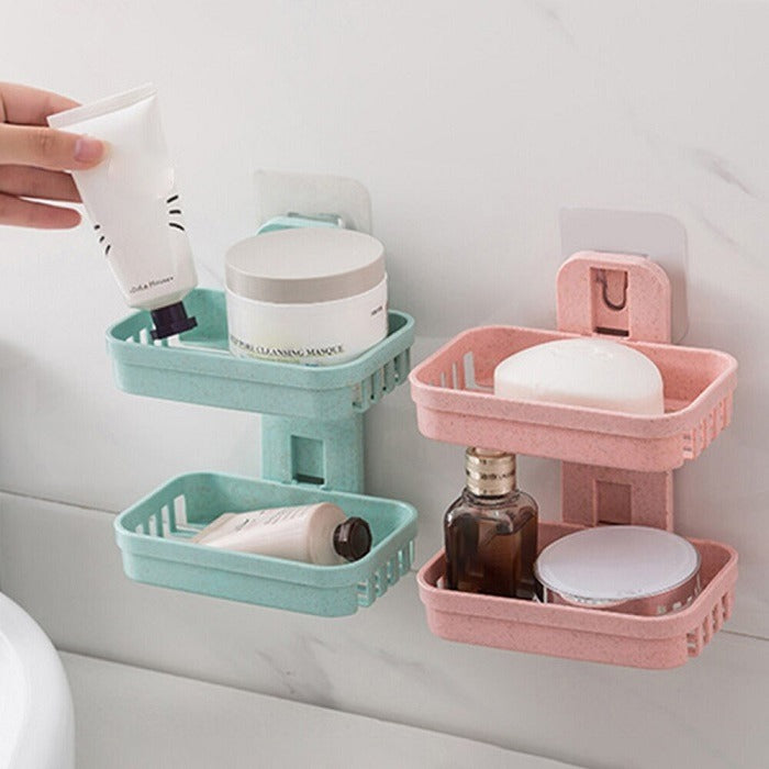 Double Layer Soap Dish Tray With Sticker (Random Color)