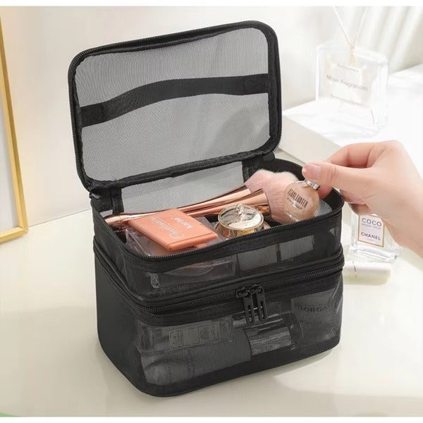 2 Layer Cosmectic Mesh Bag, Double Layer Cosmetic Bag, Easy Classification Large Capacity Mesh Cosmetic Bag with Sturdy Handle for Travel Black Double Layer