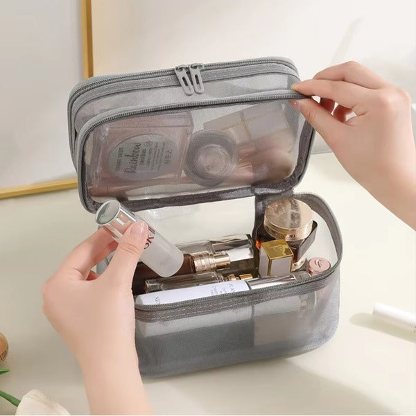 2 Layer Cosmectic Mesh Bag, Double Layer Cosmetic Bag, Easy Classification Large Capacity Mesh Cosmetic Bag with Sturdy Handle for Travel Black Double Layer