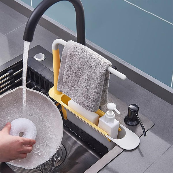 Adjustable Telescopic Sink Shelf (Random), Kitchen Sink Organizer Telescopic Sink Storage Rack, Telescopic Sink Rack Holder Expandable Storage Drain Basket with Cloth Hanger Holder
