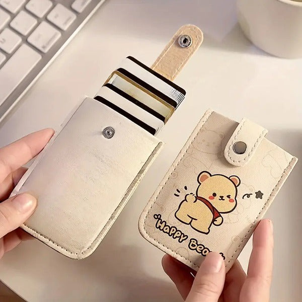 Leather Cartoon Print Card Holder, Mini Slim Wallet for Women with Different Print (Random Print)