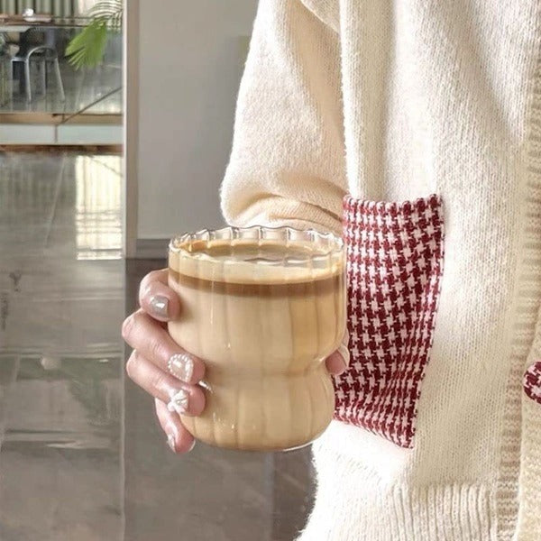 Chubby Striped Cup, Crystal Glass Tea Cups Retro Handmade Latte Juice Water Cup Striped Glass Coffee Mug