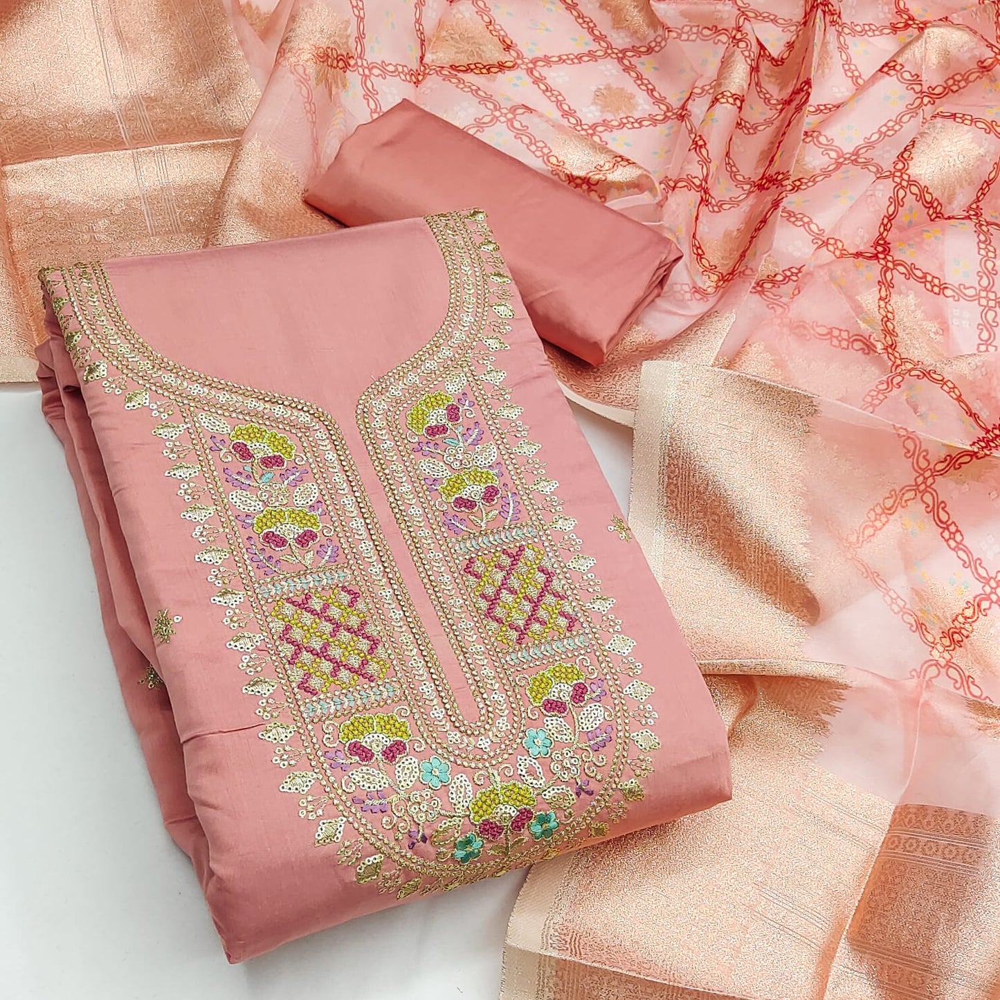 Peach Threadwork Georgette Unstitched Salwar Suit