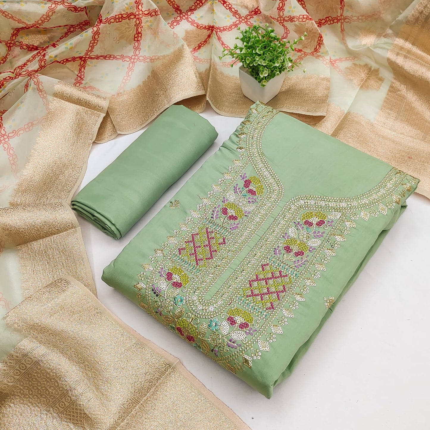 Green Floral Embroidered Roman Cotton Silk Dress Material
