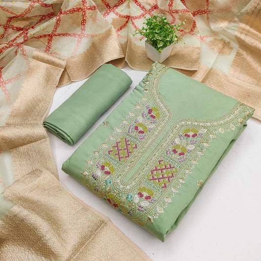 Green Floral Embroidered Roman Cotton Silk Dress Material