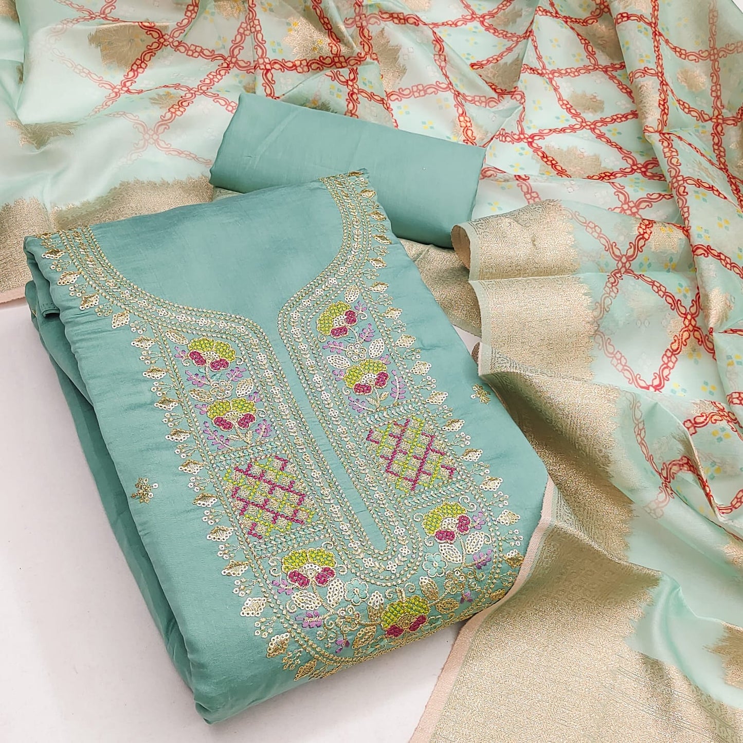 Sea Green Threadwork Organza Unstitched Salwar Suit