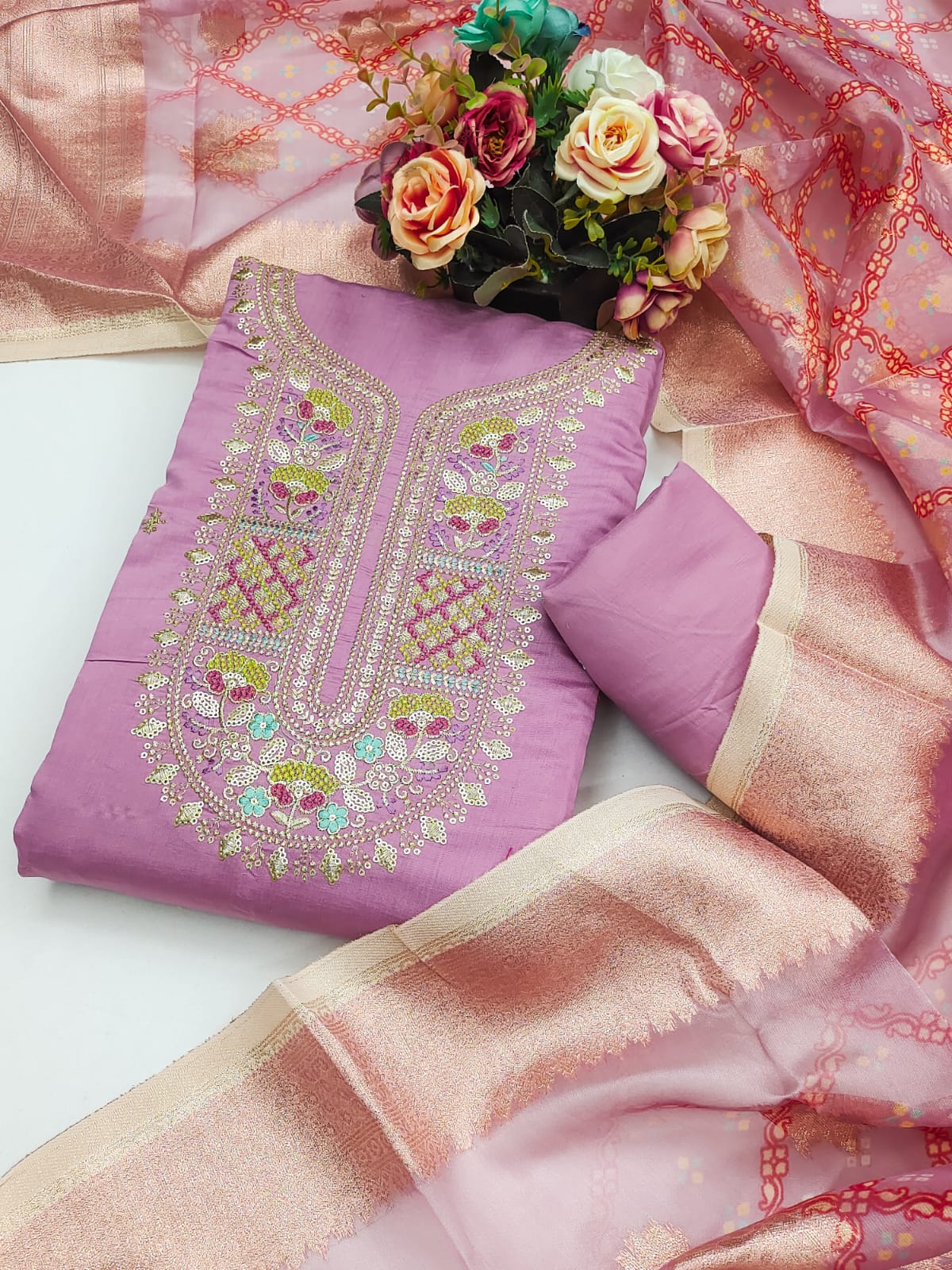 Pink Cotton Blend Dress Material Adorned With Floral Cording Embroidery & Sequins work
