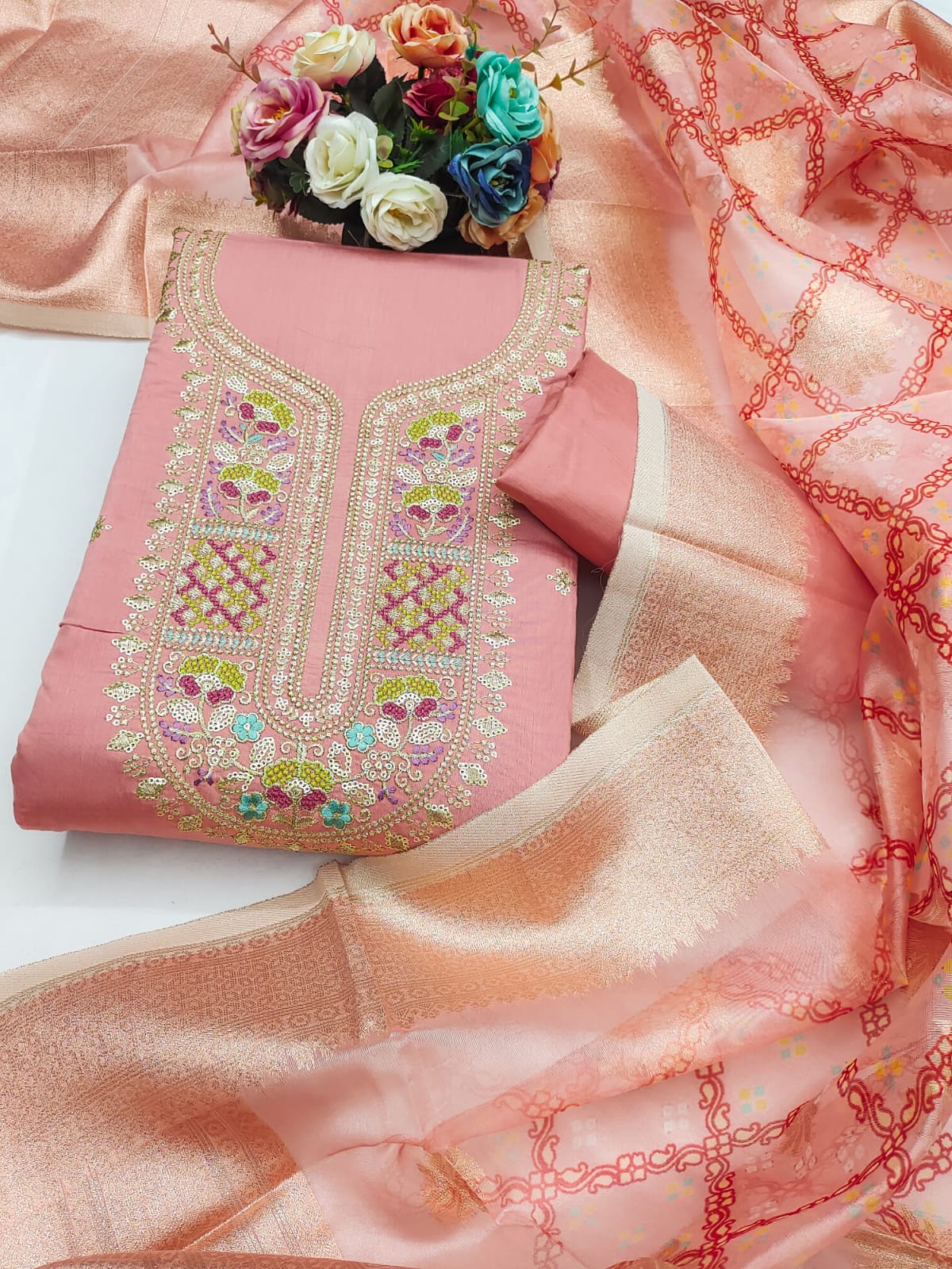 Peach Threadwork Georgette Unstitched Salwar Suit