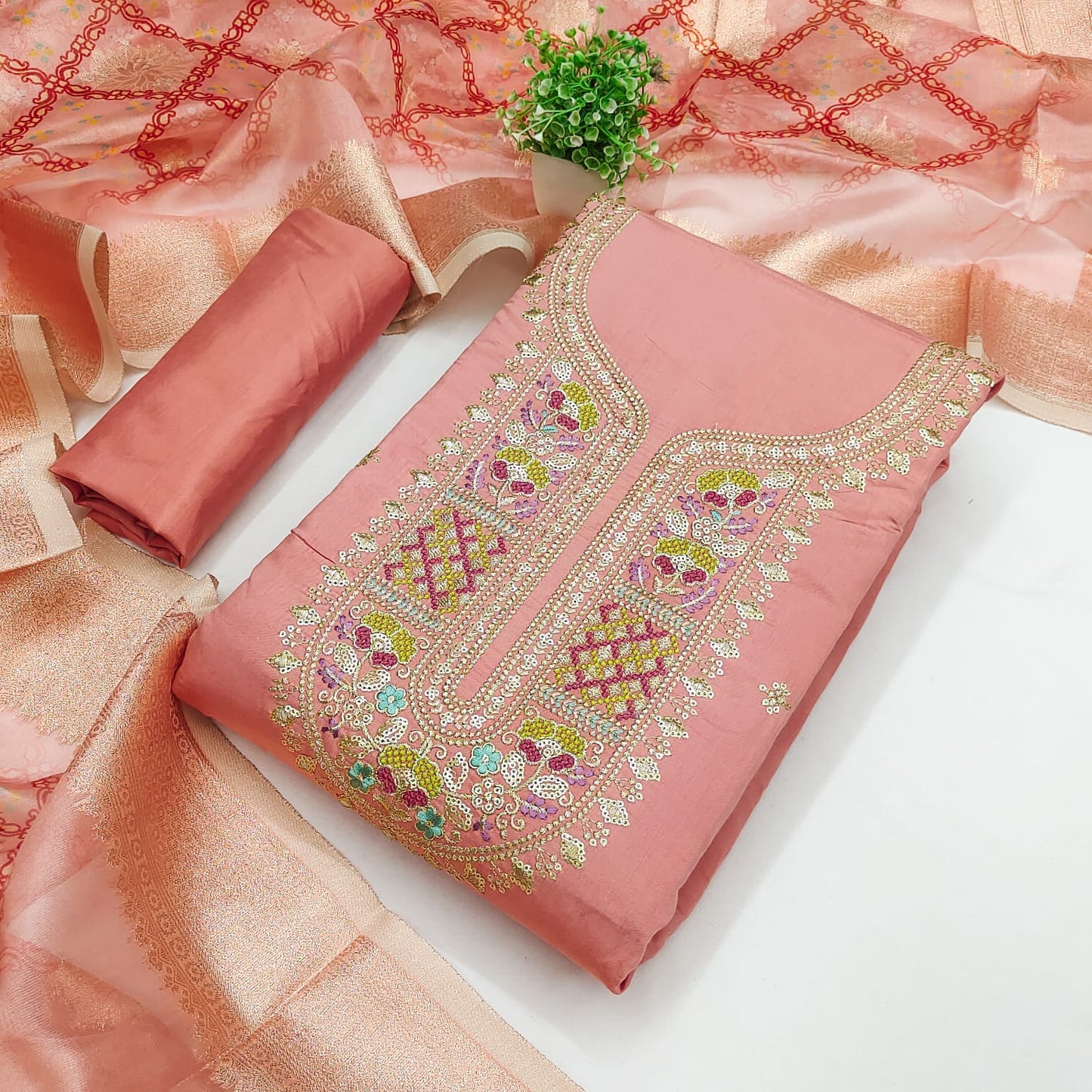 Peach Threadwork Georgette Unstitched Salwar Suit