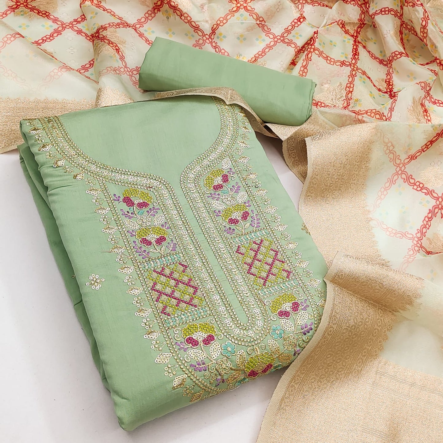 Green Floral Embroidered Roman Cotton Silk Dress Material