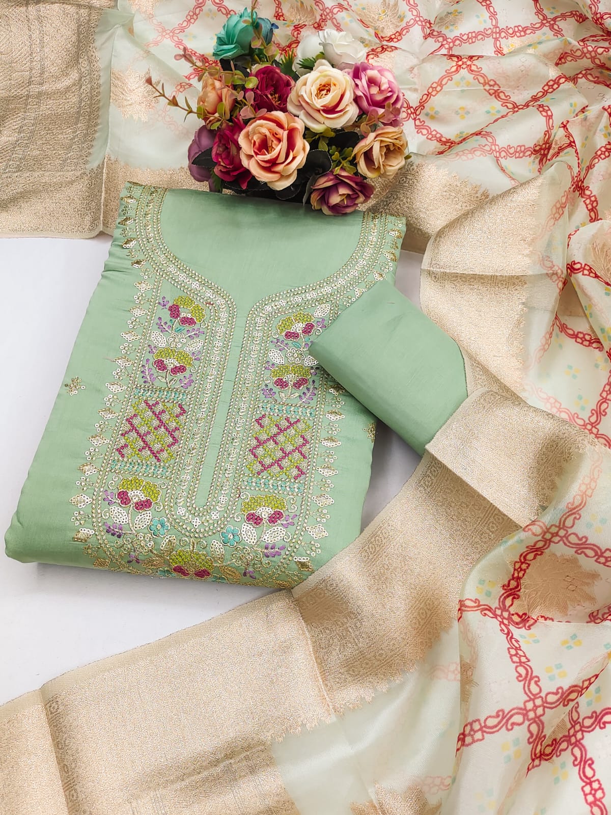 Green Floral Embroidered Roman Cotton Silk Dress Material