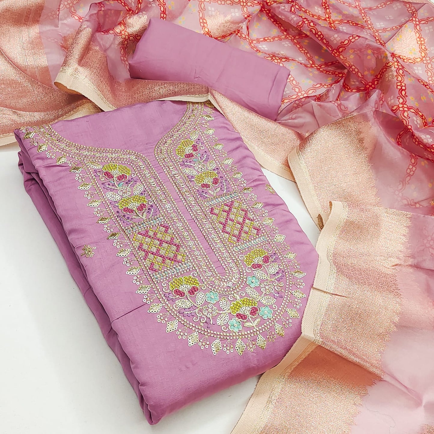 Pink Cotton Blend Dress Material Adorned With Floral Cording Embroidery & Sequins work