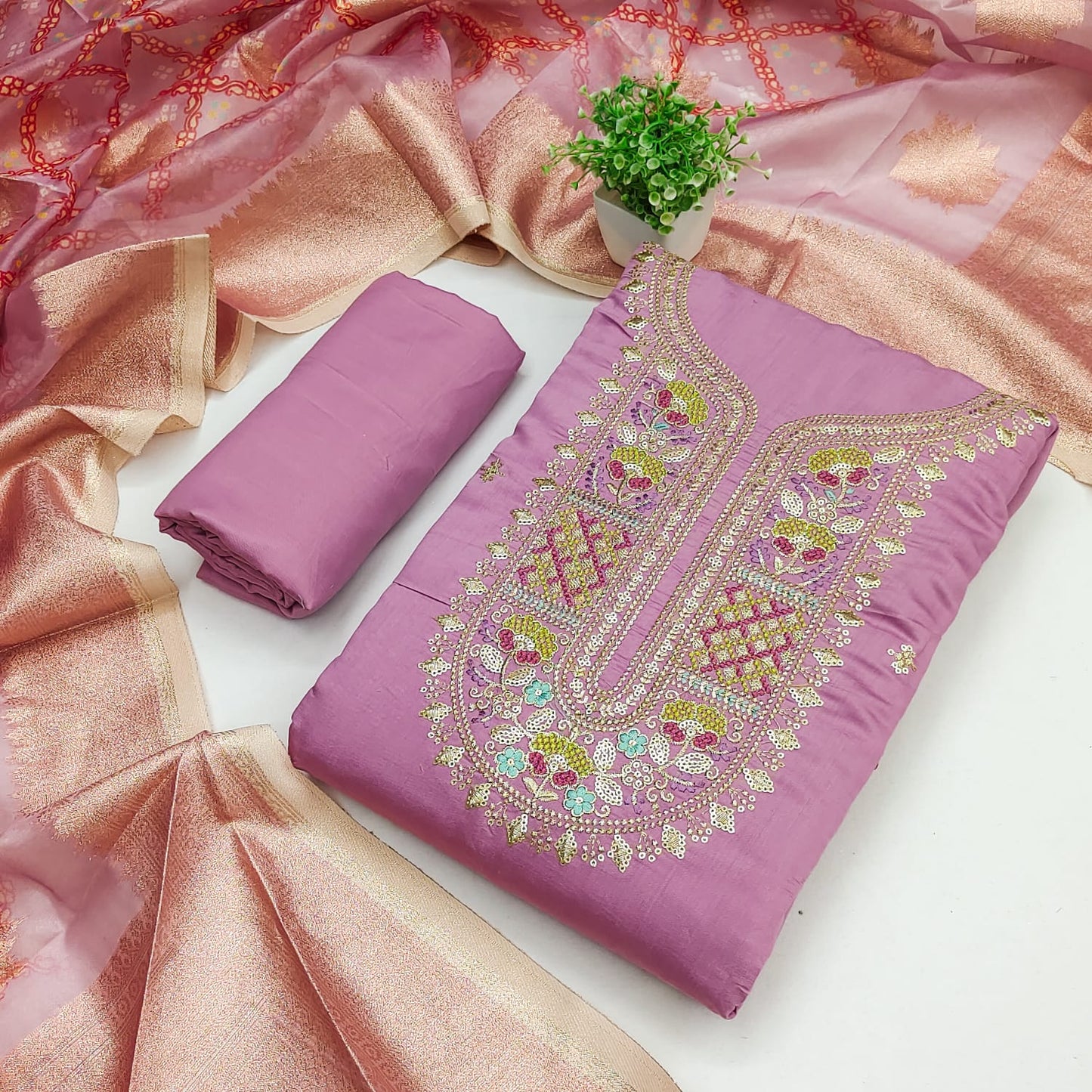Pink Cotton Blend Dress Material Adorned With Floral Cording Embroidery & Sequins work