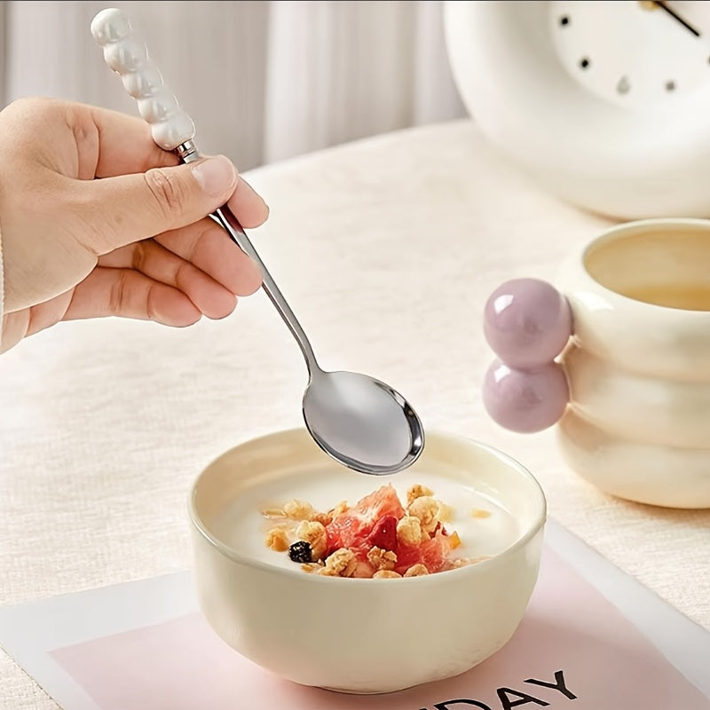 3 Pcs Stainless Steel Spoons with Ceramic Pearl Handles for Home Dining, Dessert Spoons, And Coffee Spoons (Random Colors)